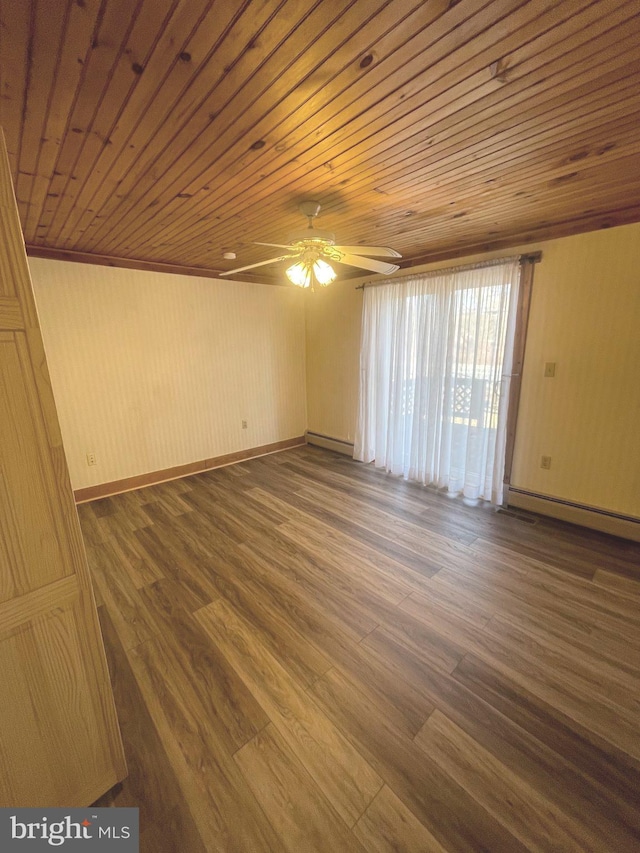 empty room featuring a baseboard heating unit, dark wood-type flooring, wooden ceiling, and ceiling fan