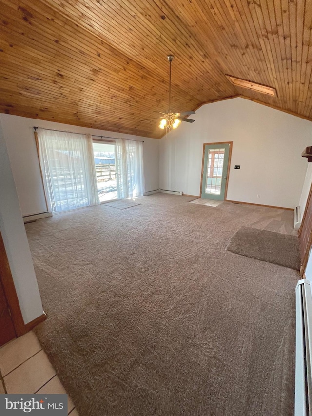 unfurnished living room featuring lofted ceiling, wood ceiling, baseboard heating, and carpet flooring