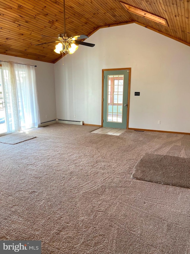 carpeted spare room featuring wood ceiling, high vaulted ceiling, ceiling fan, and baseboard heating