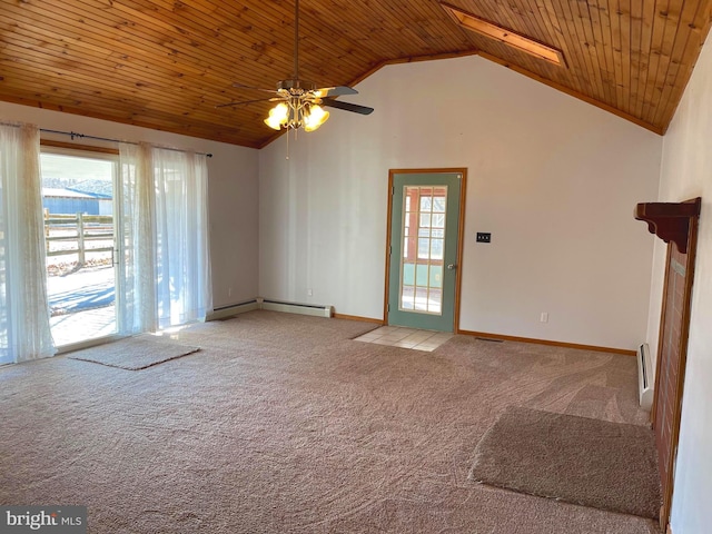 unfurnished living room with a baseboard heating unit, high vaulted ceiling, carpet flooring, a water view, and wooden ceiling