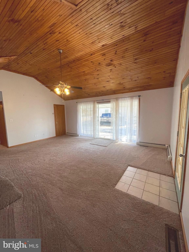 spare room with ceiling fan, lofted ceiling, carpet flooring, and wooden ceiling