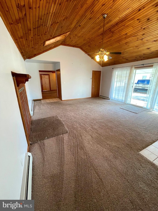 interior space with a baseboard radiator, lofted ceiling, carpet, and wooden ceiling