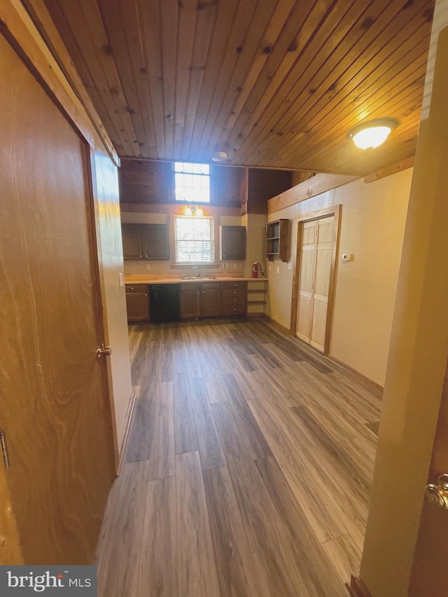 interior space with wood-type flooring, sink, and wooden ceiling