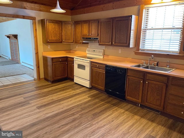 kitchen featuring sink, white electric range, black dishwasher, and baseboard heating