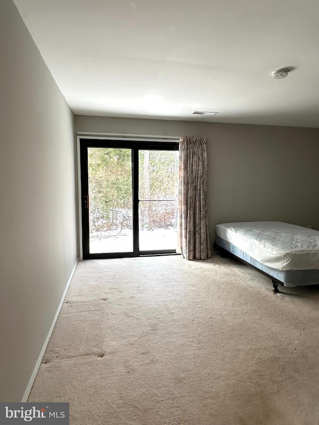 unfurnished bedroom featuring carpet flooring and access to exterior