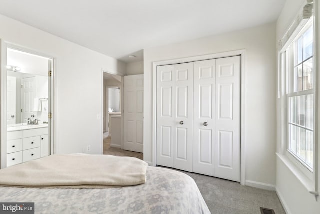 bedroom featuring multiple windows, a closet, light colored carpet, and ensuite bath