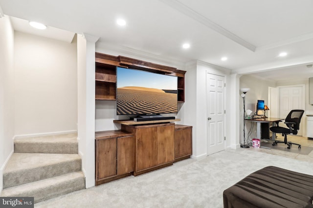 carpeted living room with ornamental molding