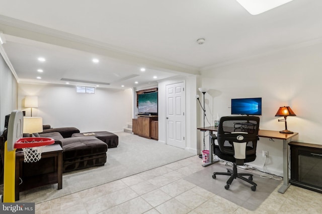 office space featuring crown molding and light colored carpet