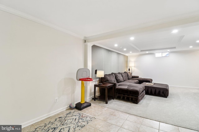 tiled living room featuring ornamental molding