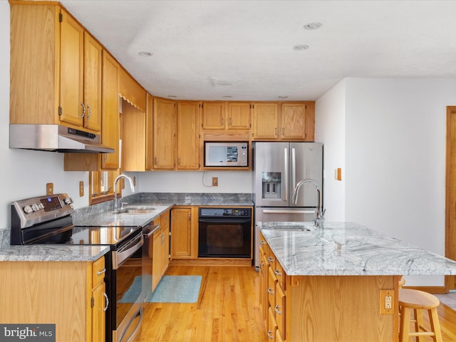 kitchen featuring light hardwood / wood-style floors, sink, stainless steel appliances, and a center island