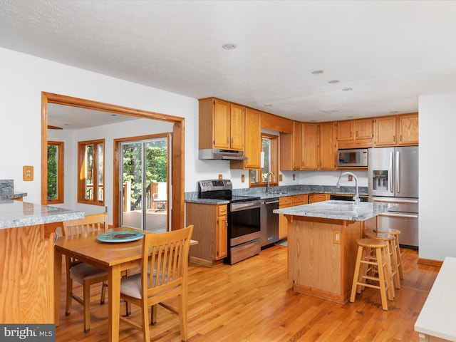 kitchen featuring stainless steel appliances, a kitchen breakfast bar, light hardwood / wood-style floors, and sink