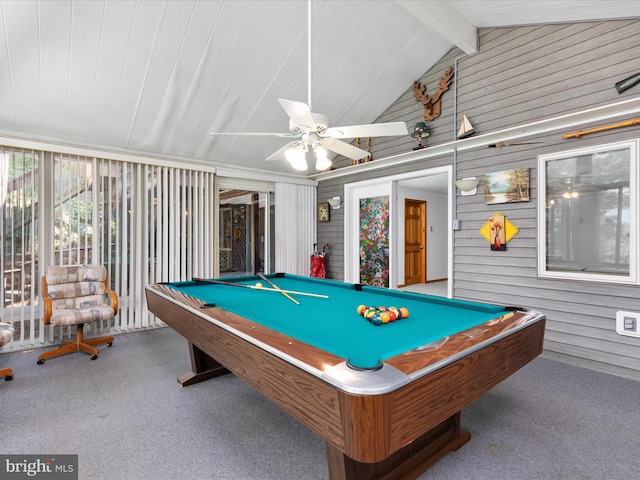 game room featuring lofted ceiling with beams, carpet, pool table, and wood walls