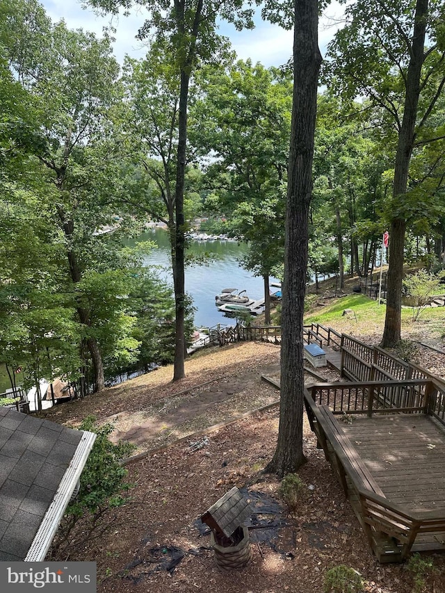 view of yard featuring a water view and a dock