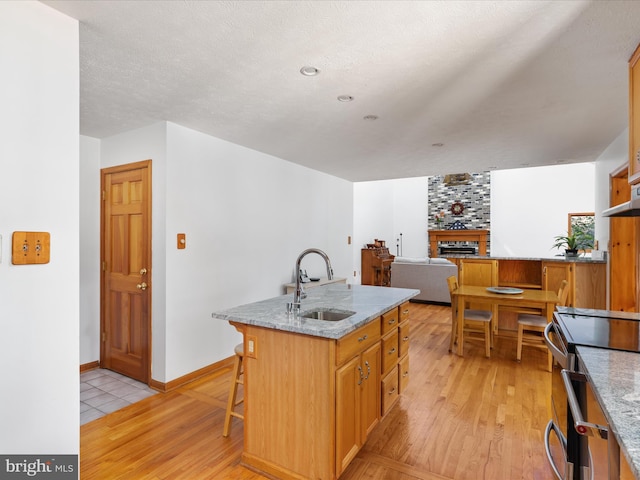 kitchen featuring sink, a breakfast bar area, light stone counters, light hardwood / wood-style floors, and an island with sink