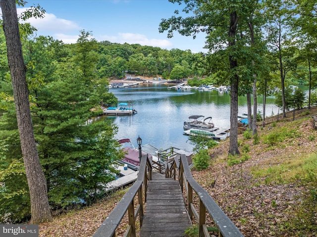 view of dock with a water view