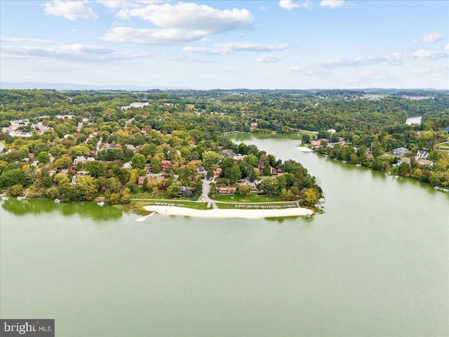 drone / aerial view featuring a water view