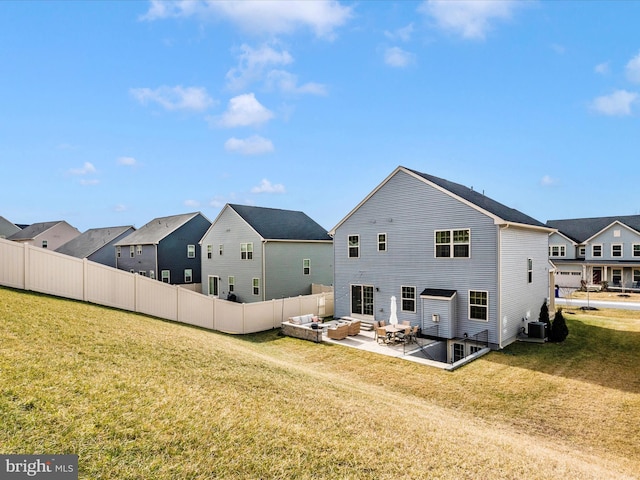 back of property featuring cooling unit, an outdoor hangout area, a patio, and a lawn