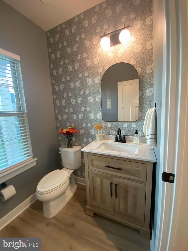 bathroom with vanity, wood-type flooring, toilet, and plenty of natural light