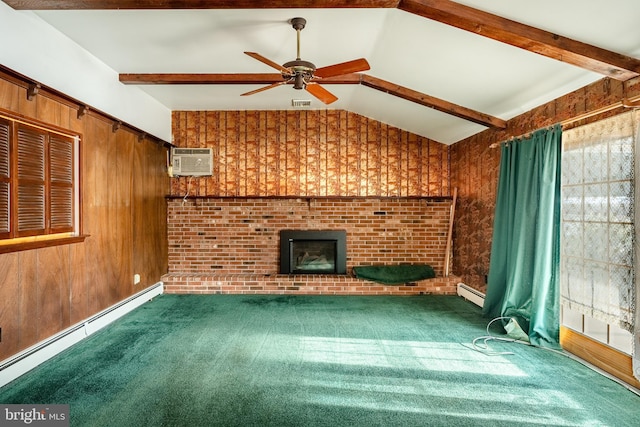 unfurnished living room featuring lofted ceiling with beams, a brick fireplace, an AC wall unit, carpet flooring, and a baseboard heating unit