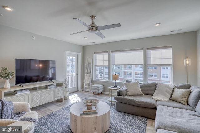 living room featuring ceiling fan and light hardwood / wood-style flooring