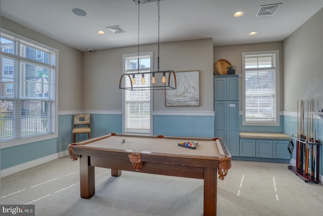 recreation room featuring light colored carpet and pool table