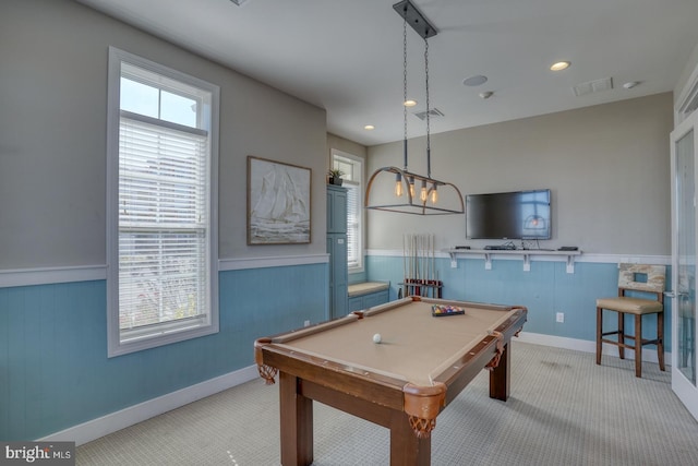 recreation room with light carpet and billiards