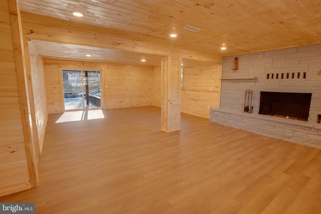 unfurnished living room with hardwood / wood-style flooring, a stone fireplace, wooden ceiling, and wood walls