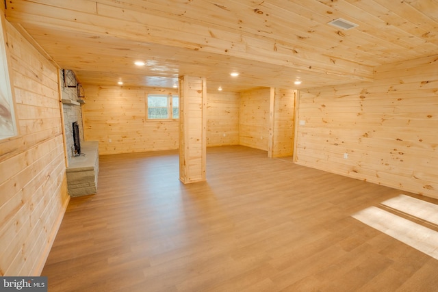 basement with a fireplace, wood-type flooring, wooden ceiling, and wood walls