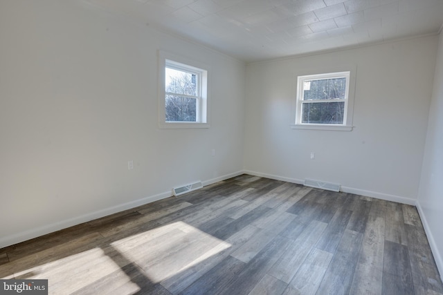 spare room featuring a wealth of natural light and dark hardwood / wood-style floors