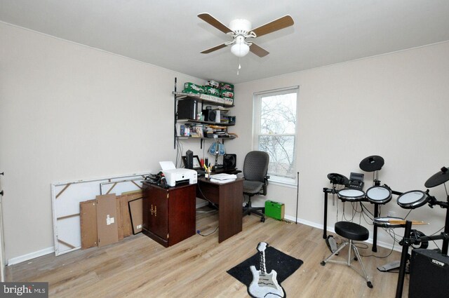 office space with light hardwood / wood-style flooring and ceiling fan