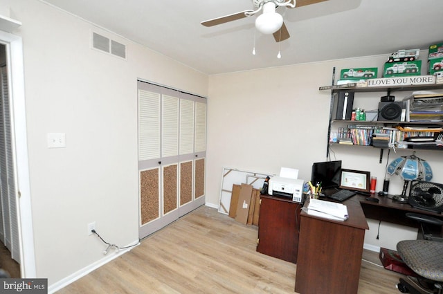 office area with ceiling fan and light hardwood / wood-style flooring