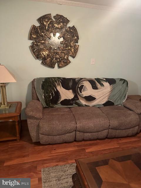 living room with hardwood / wood-style flooring and crown molding