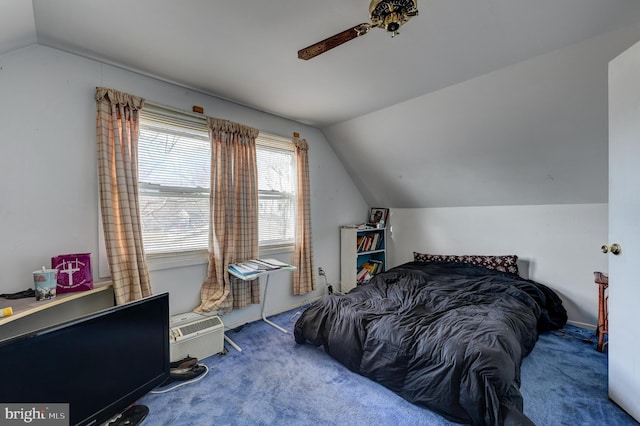 bedroom with carpet, lofted ceiling, and ceiling fan