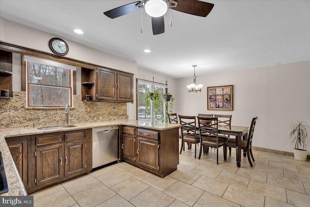 kitchen with sink, hanging light fixtures, stainless steel dishwasher, kitchen peninsula, and backsplash