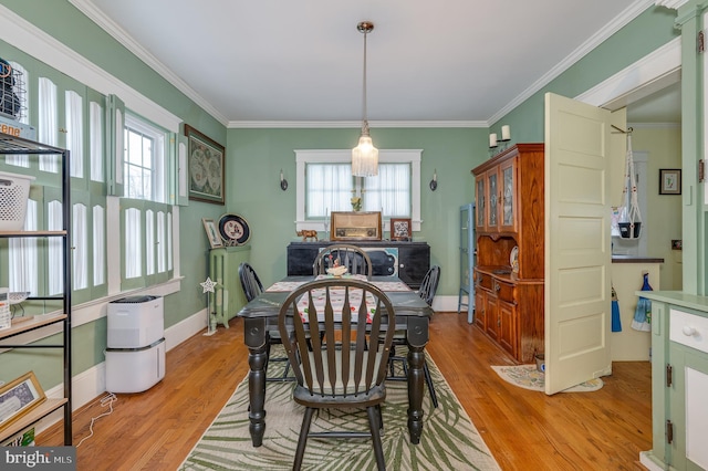 dining room featuring crown molding, a healthy amount of sunlight, and light hardwood / wood-style flooring