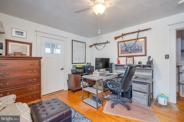 home office featuring ceiling fan and light hardwood / wood-style flooring