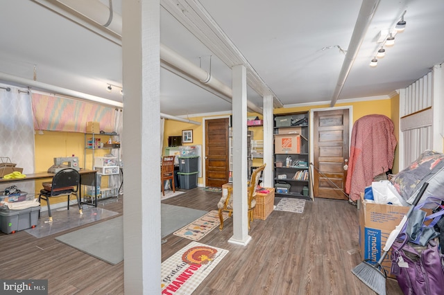 basement with hardwood / wood-style flooring and ornamental molding