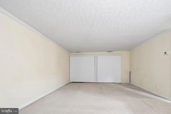 spare room with crown molding, light colored carpet, and a textured ceiling