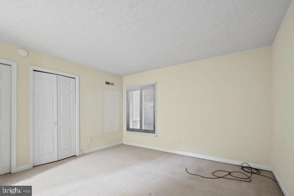 unfurnished bedroom with light colored carpet and a textured ceiling