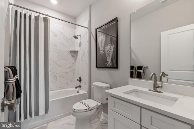 full bathroom featuring toilet, shower / bath combo, and vanity