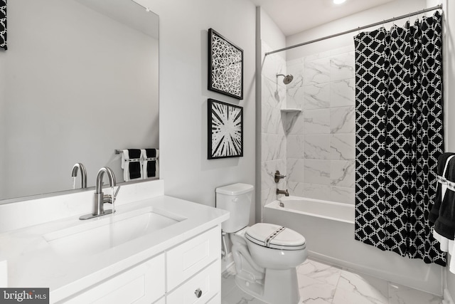 full bathroom featuring shower / bath combo with shower curtain, vanity, and toilet