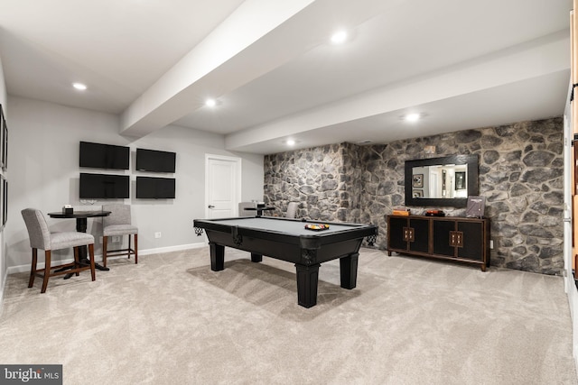 rec room with billiards and light carpet