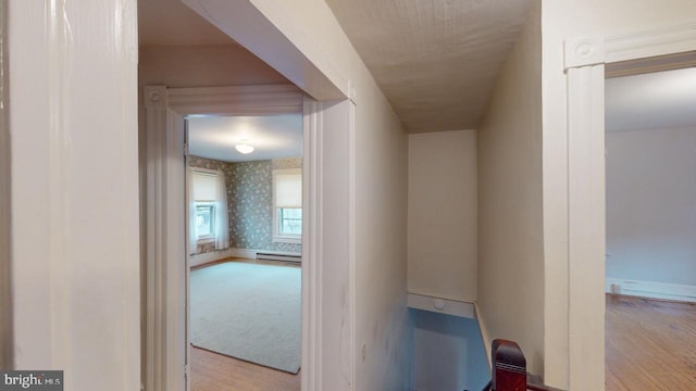 hallway with light hardwood / wood-style flooring and baseboard heating