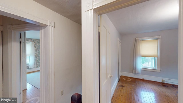 hall with wood-type flooring