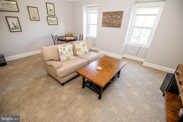 living room featuring light carpet