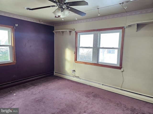 unfurnished room with ceiling fan, a baseboard radiator, and carpet floors