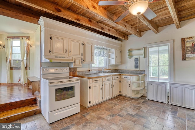 kitchen with electric stove, sink, ceiling fan, wooden ceiling, and beamed ceiling