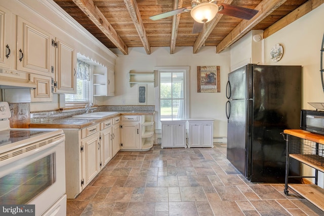 kitchen with sink, a baseboard heating unit, black appliances, wooden ceiling, and beamed ceiling