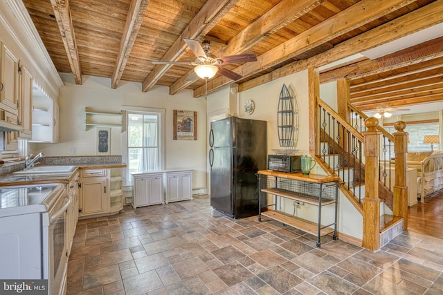 kitchen with sink, wooden ceiling, black refrigerator, white electric stove, and ceiling fan