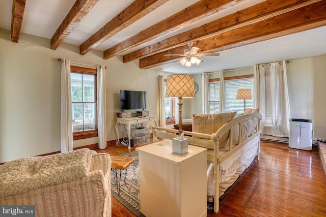 living room with hardwood / wood-style floors, beam ceiling, a baseboard radiator, and ceiling fan